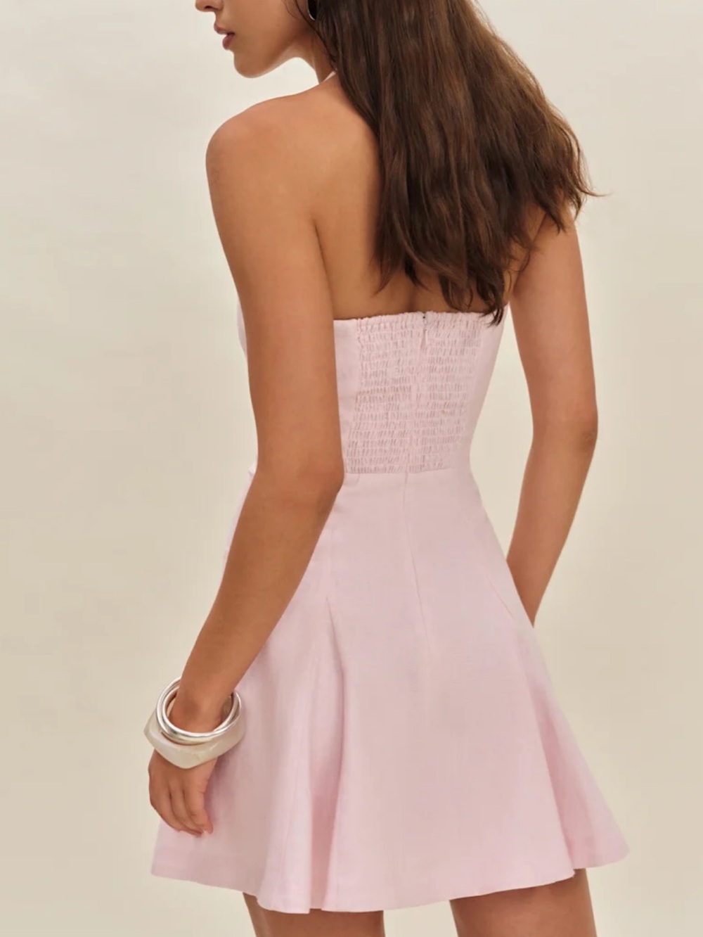 Reformation Derin Pink Linen Mini Dress Smocked Strapless/Halter - Picture 2 of 8